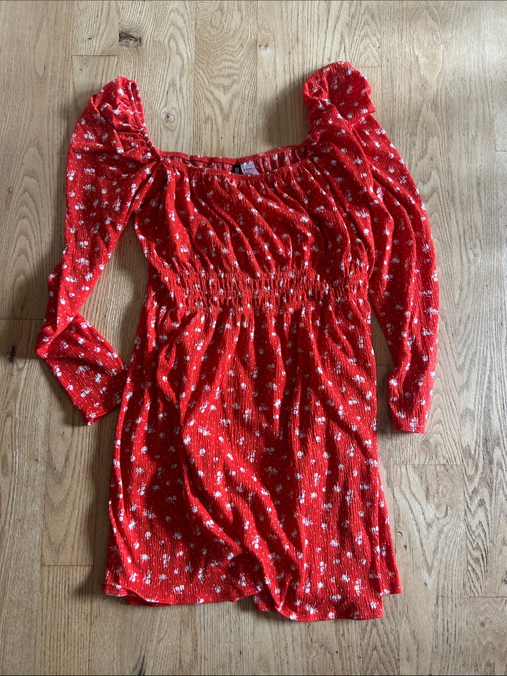 H&M Orange Long Sleeve Smocked Waist Floral Mini Dress